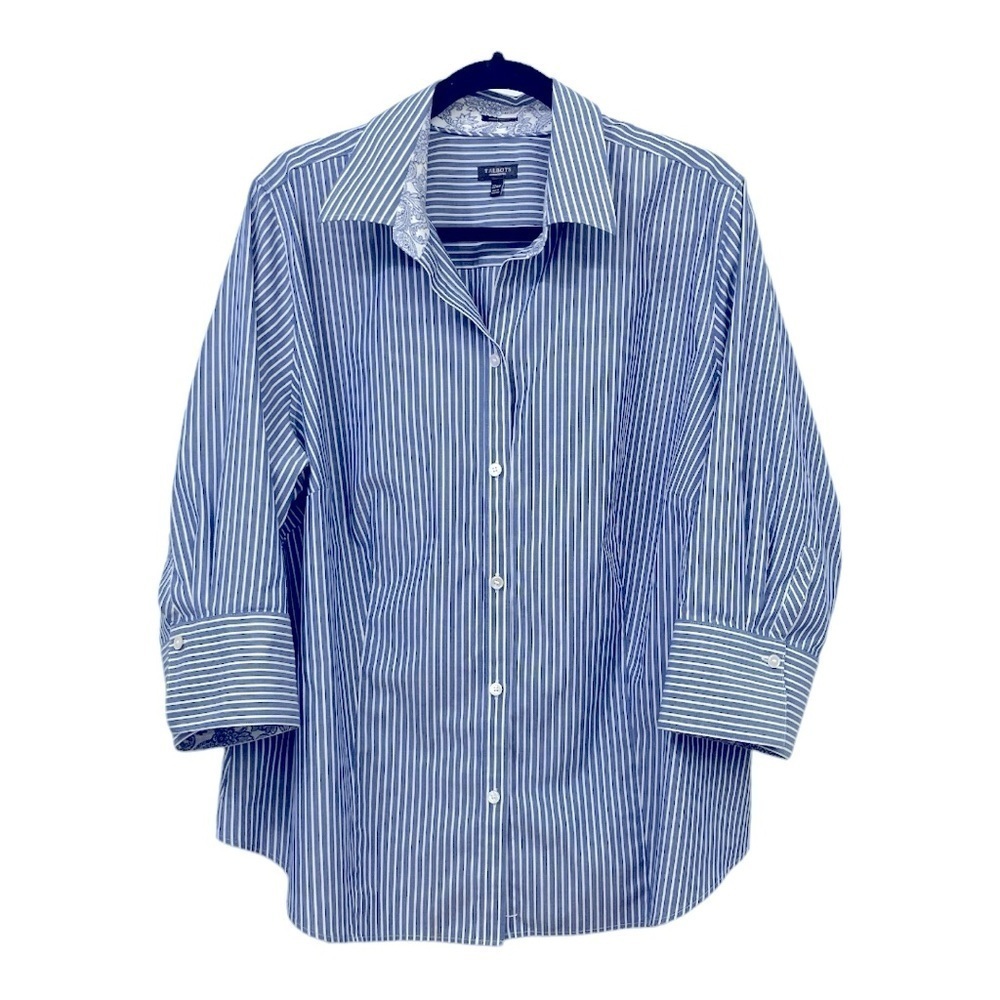 Talbots wrinkle resistant blue striped paisley turned cuff 22WP button down